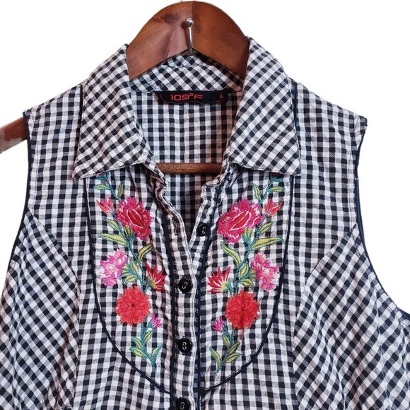 109°F Womens Top Large Black Plaid Gingham Embroidered Floral Cottagecore - Picture 4 of 16